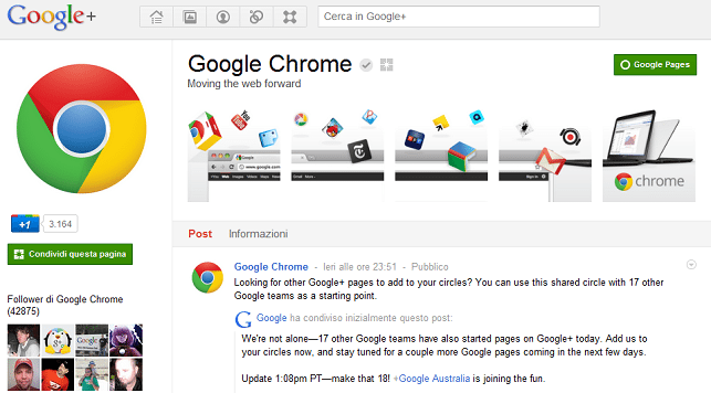 Google Chrome Pages Resized - Google+ Pages inaugurato ieri: boom di condivisioni!