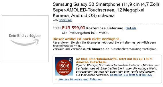 Galaxy S3 Amazon - Samsung Galaxy S III pizzicato su Amazon; 599€ il prezzo di lancio?